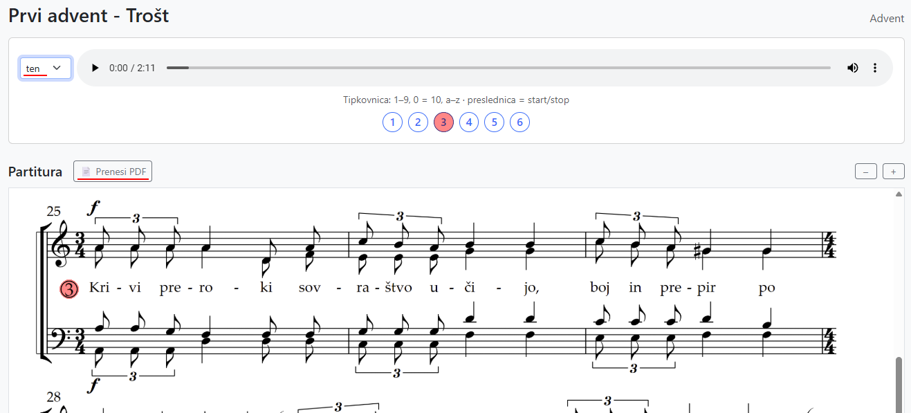 Primer predvajalnika in indeksnih oznak (krogci)
